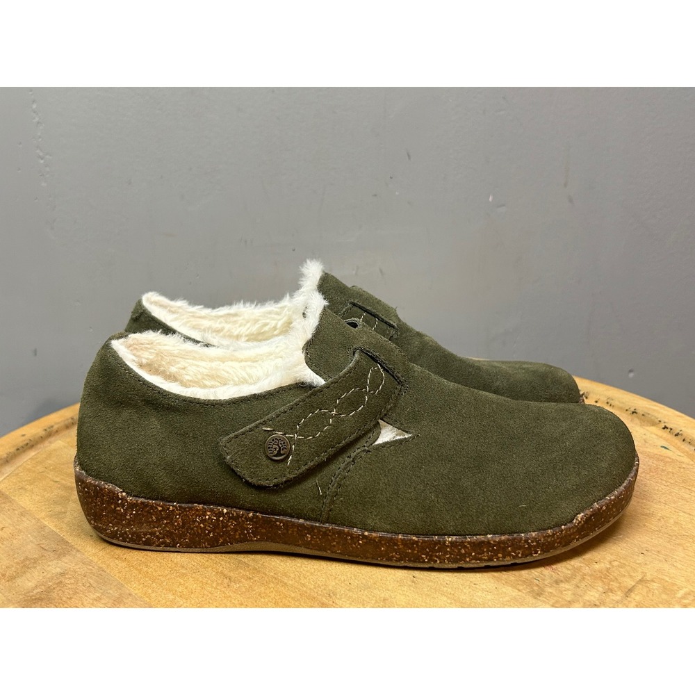 Earth Origins Aurora Jade Women 10 Olive Suede Faux Fur Lined Clogs Mules Shoes - Picture 2 of 10